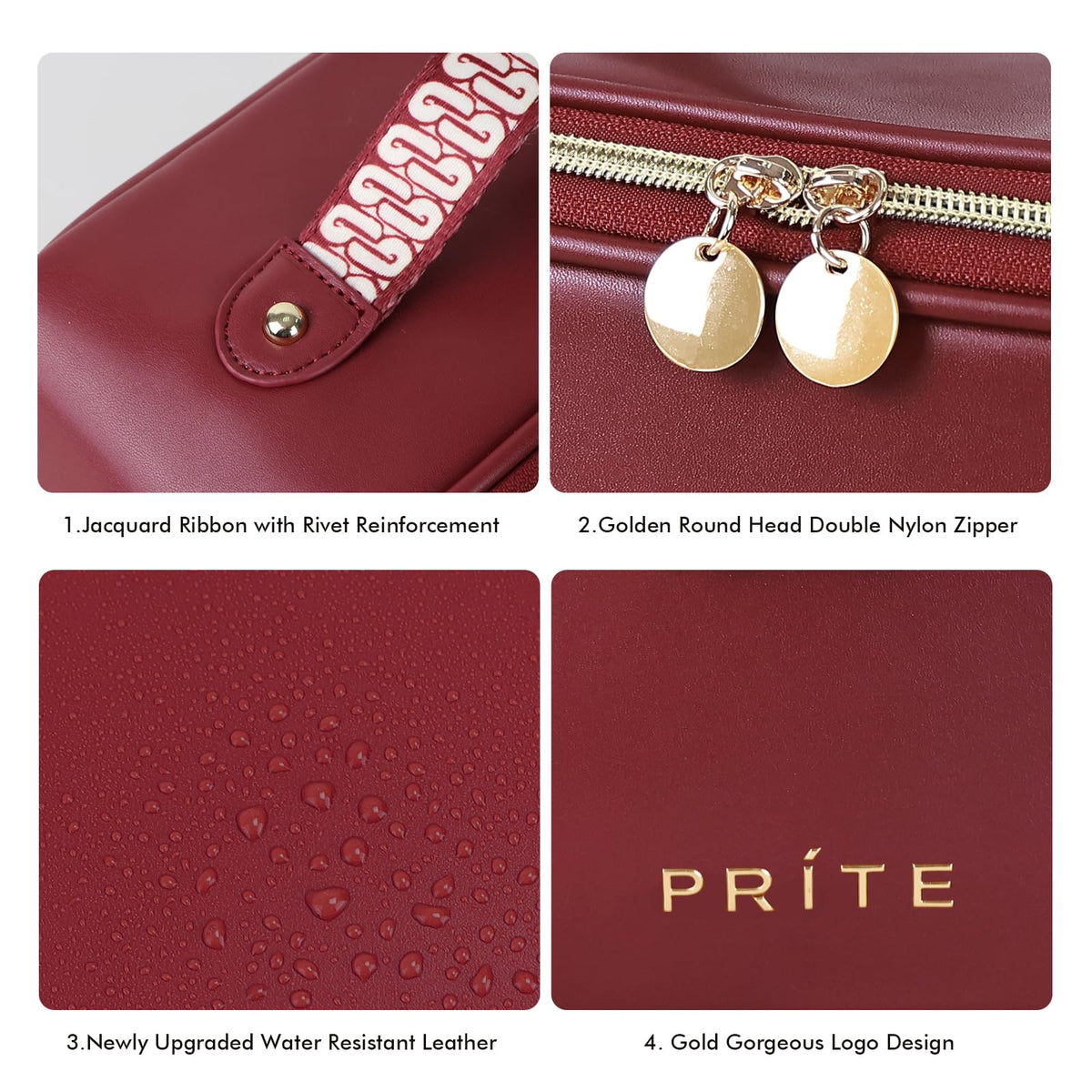 Prite dark red makeup bag has water-resistant vegan leather for easy cleaning.