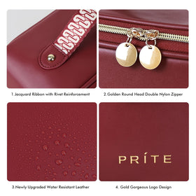 Prite dark red makeup bag has water-resistant vegan leather for easy cleaning.