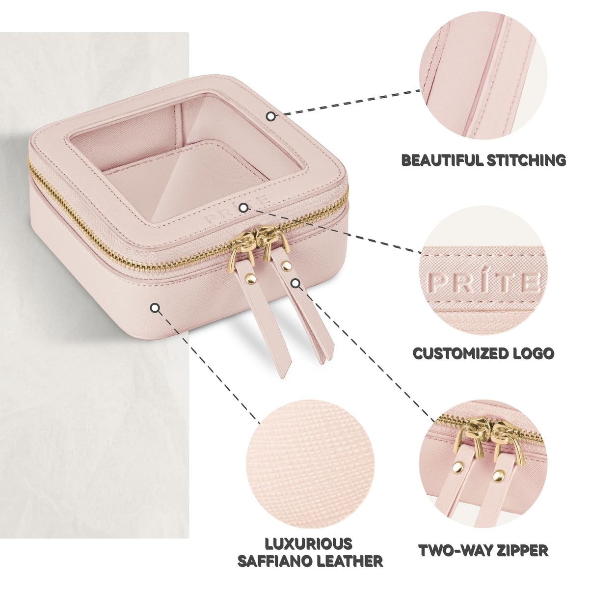 Prite makeup bag with gold zipper keeps small items secure