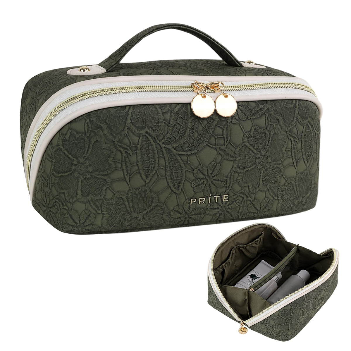 Prite makeup bag green flower closed; waterproof vegan leather protects essentials on travels
