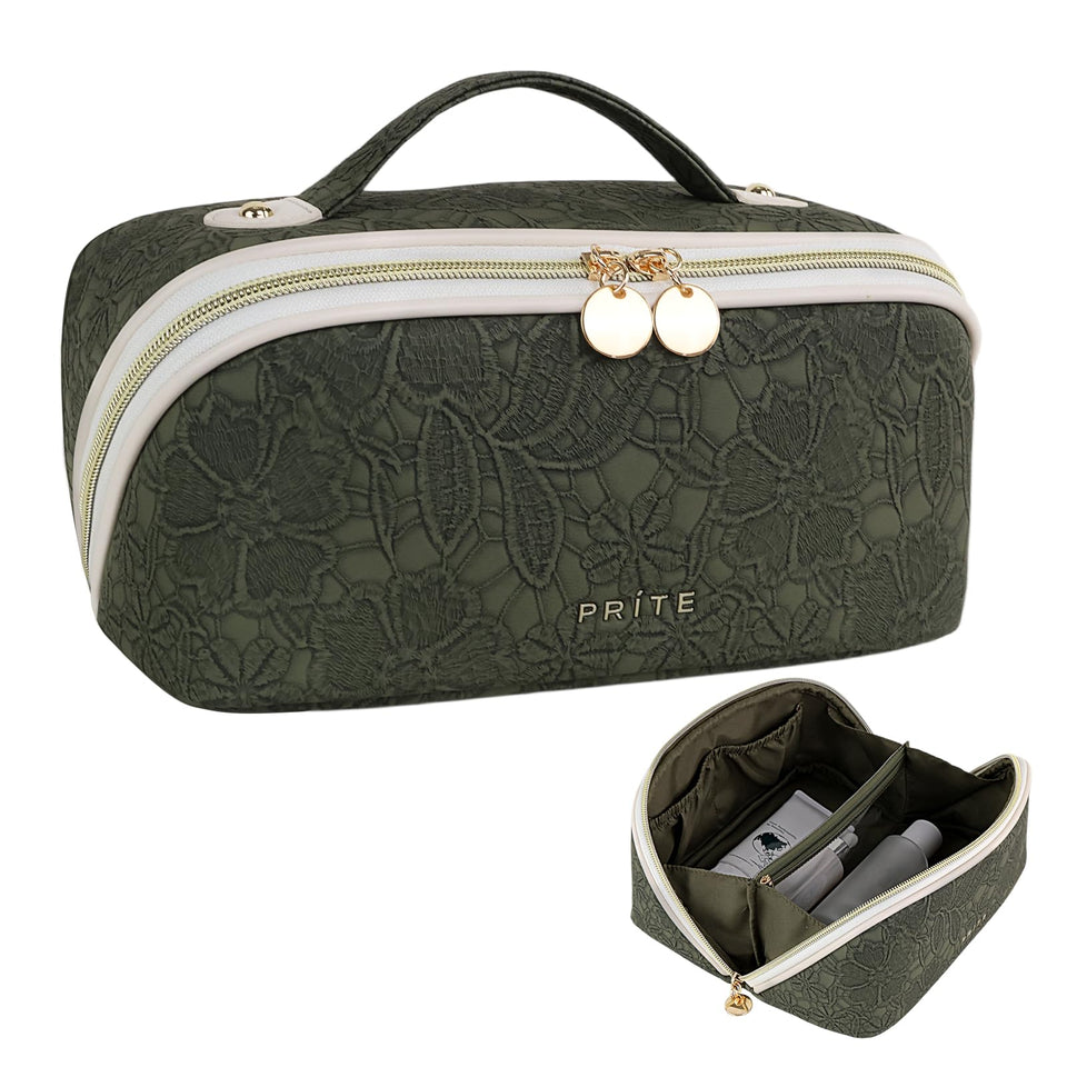 Prite makeup bag green flower closed; waterproof vegan leather protects essentials on travels