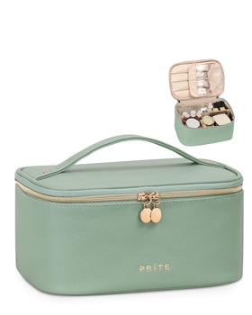 Prite makeup bag with green handle shows travel-ready portability and easy carrying.