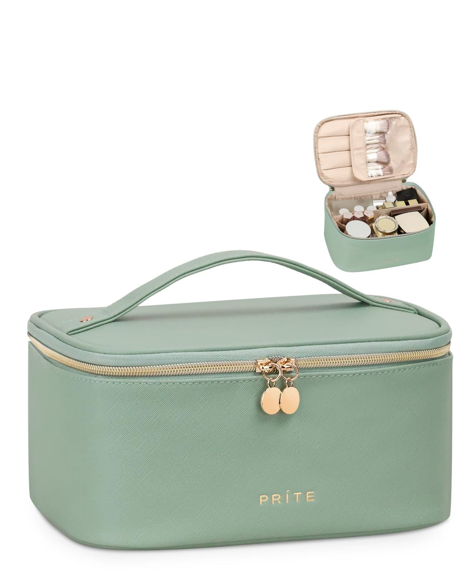 Prite makeup bag with green handle shows travel-ready portability and easy carrying.