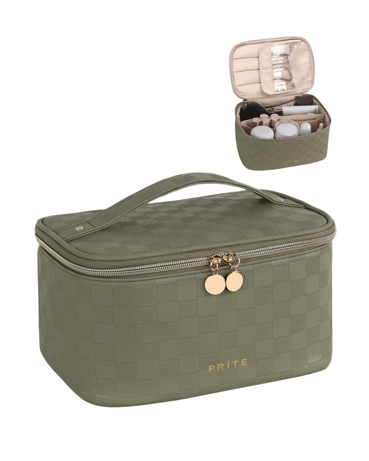 Prite makeup bag large capacity with handle stores more cosmetics on the go