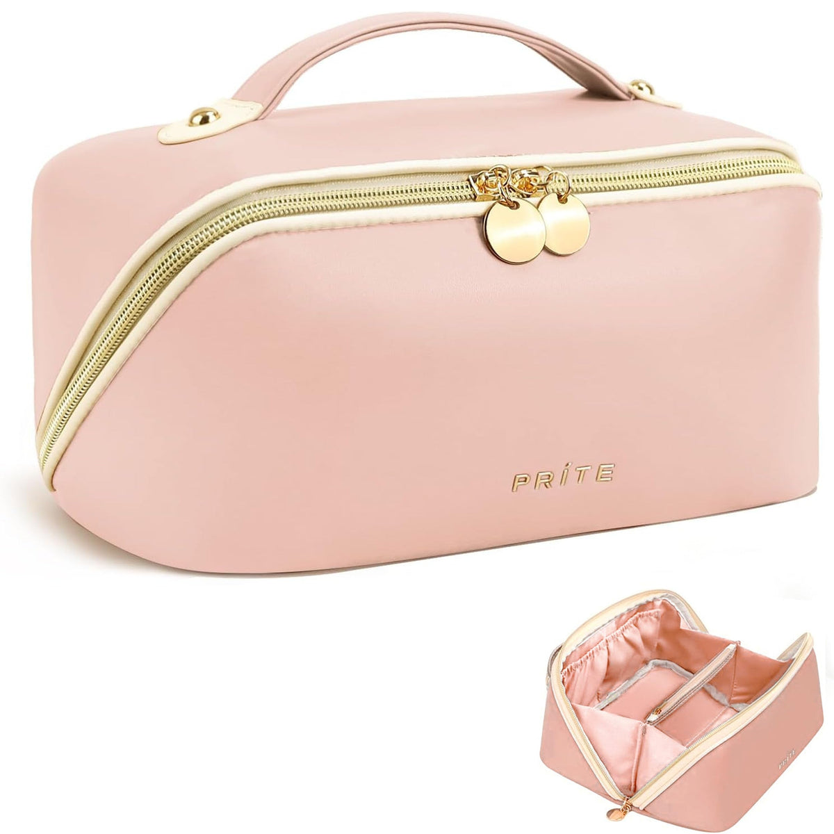 Prite makeup bag medium open flat for easy access to cosmetics