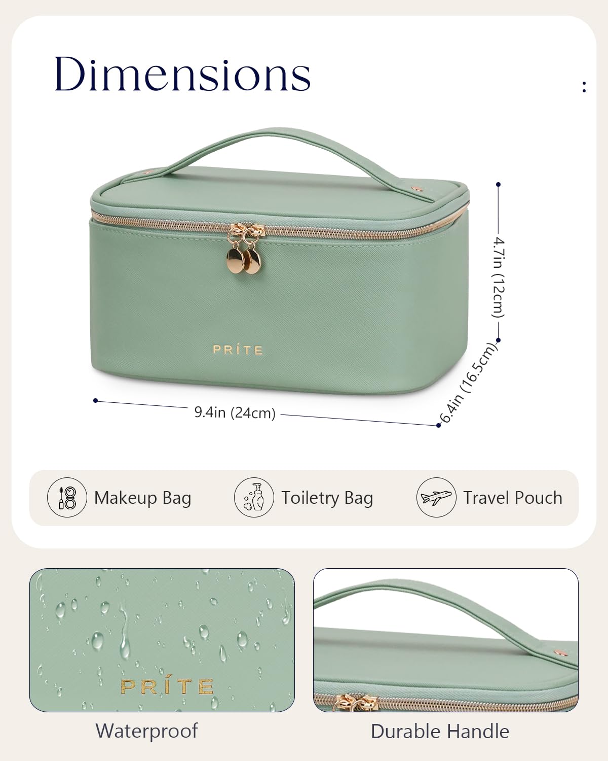 Prite includes mesh pockets for skincare items and accessories.