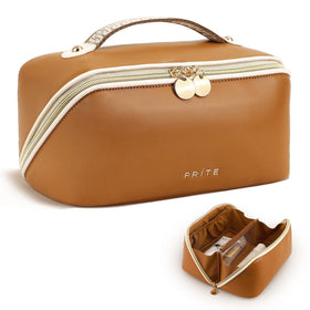 PRITE makeup bag open flat brown large demonstrates organized, accessible cosmetics on the road