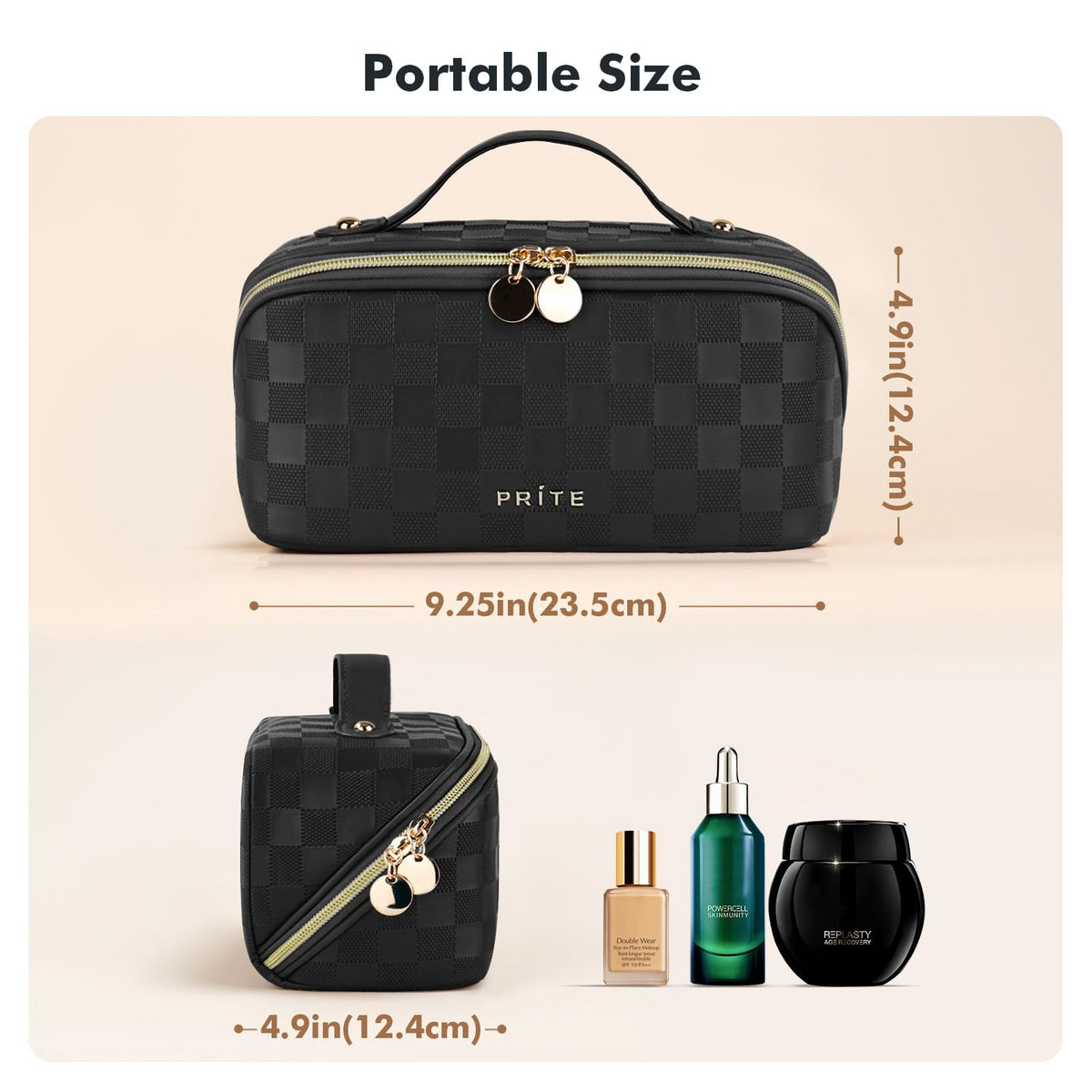 Prite makeup bag plaid black, divider close-up shows clear separation to prevent cross-mess.