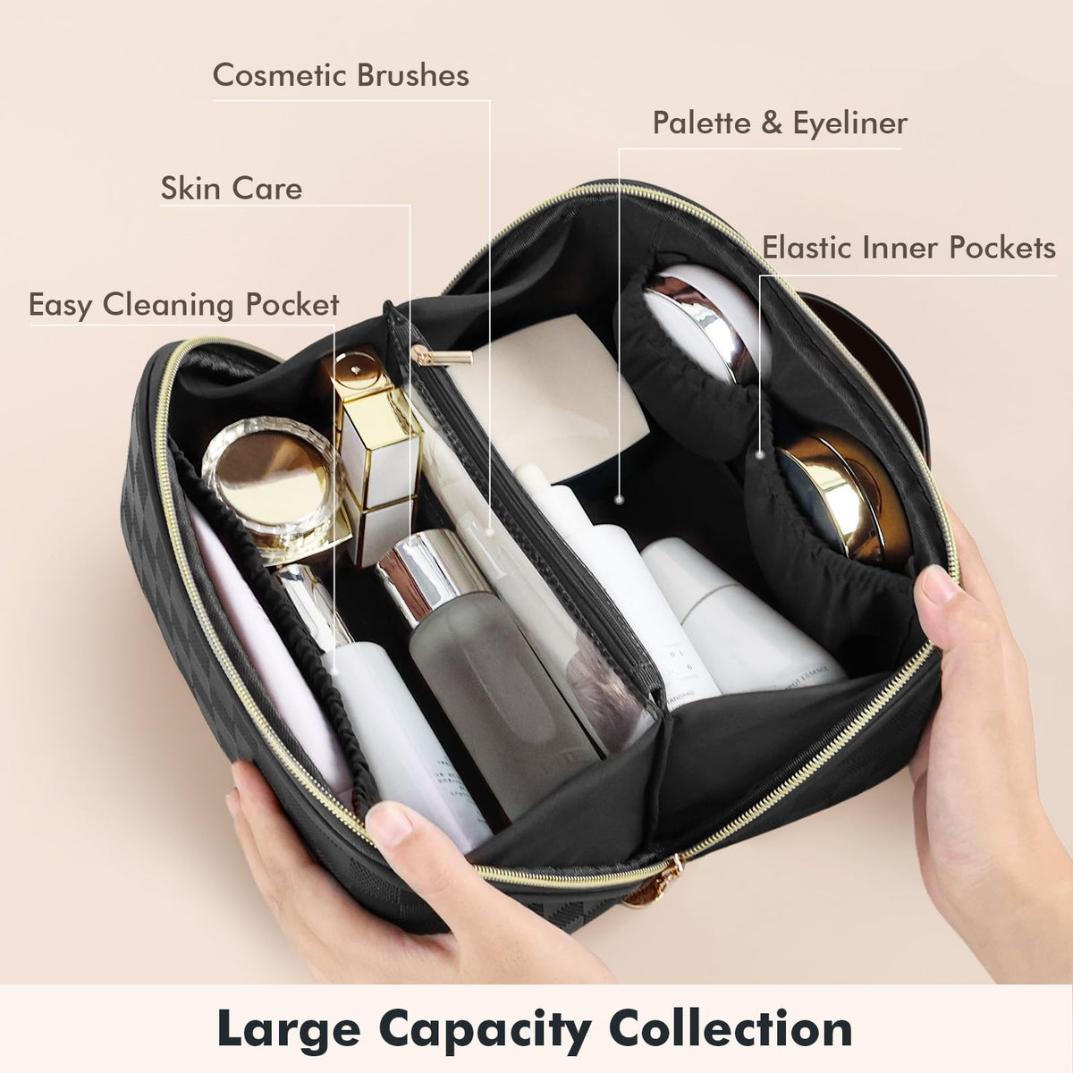 Prite plaid-black makeup bag interior padded for protecting delicate cosmetics.