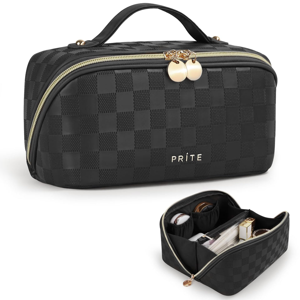 Prite makeup bag plaid black, open-flat view reveals spacious organization for cosmetics.