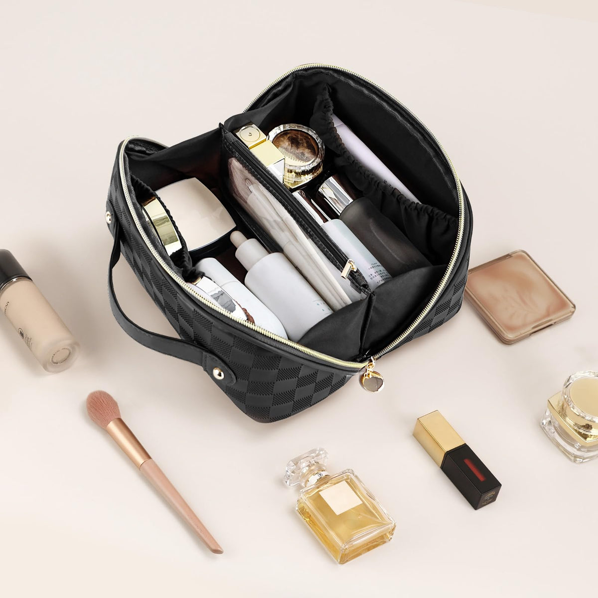 Prite travel-ready makeup bag fits in luggage and tote.
