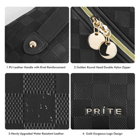 Prite vegan leather bag resists moisture and wipes clean after trips.