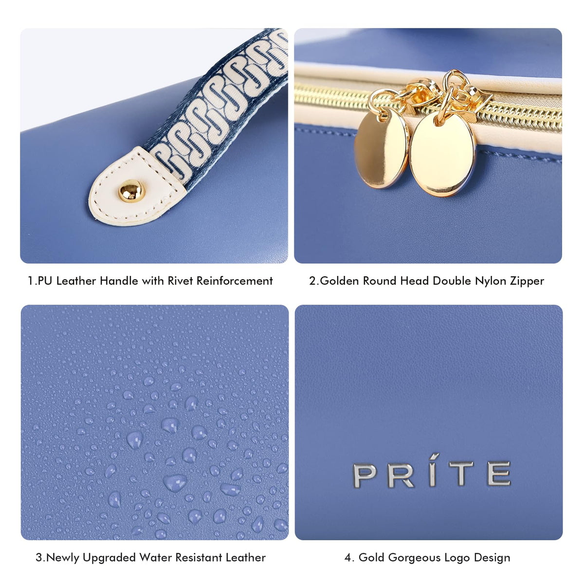 Prite blue makeup bag showcases stylish design suitable for travel and home use.
