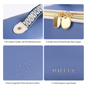 Prite blue makeup bag showcases stylish design suitable for travel and home use.