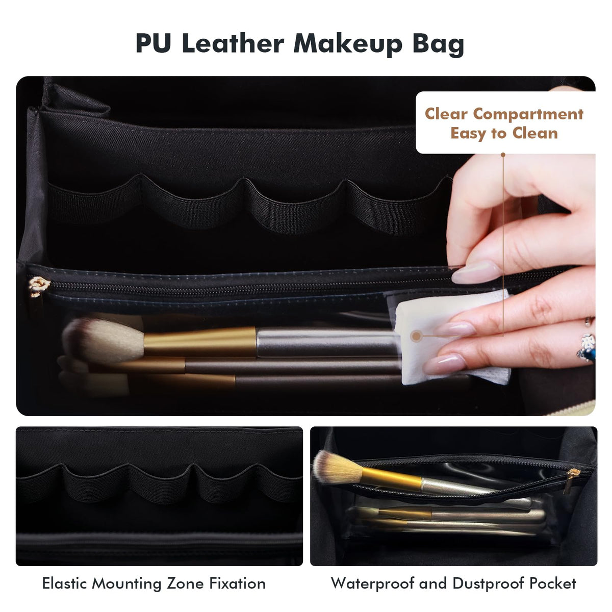 Three compartments and pockets for neat cosmetics and skincare storage.
