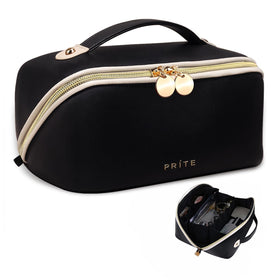 Prite makeup bag large travel open flat in black for easy access to cosmetics.