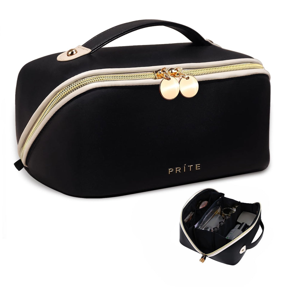 Prite makeup bag large travel open flat in black for easy access to cosmetics.