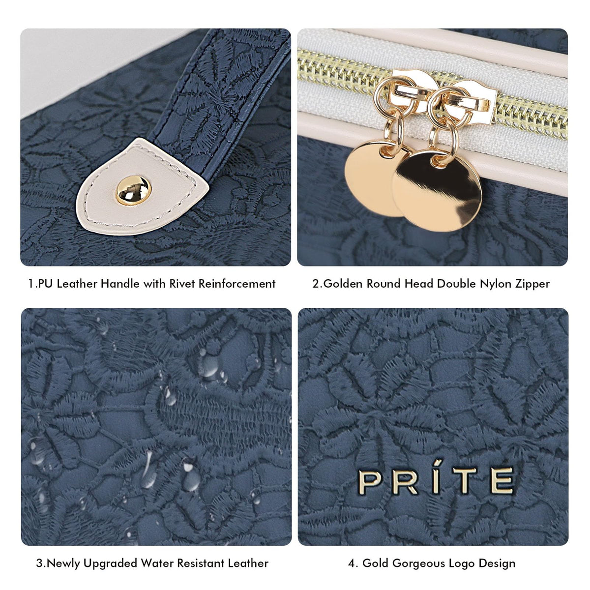 Prite makeup bag travel-ready design on a counter or suitcase