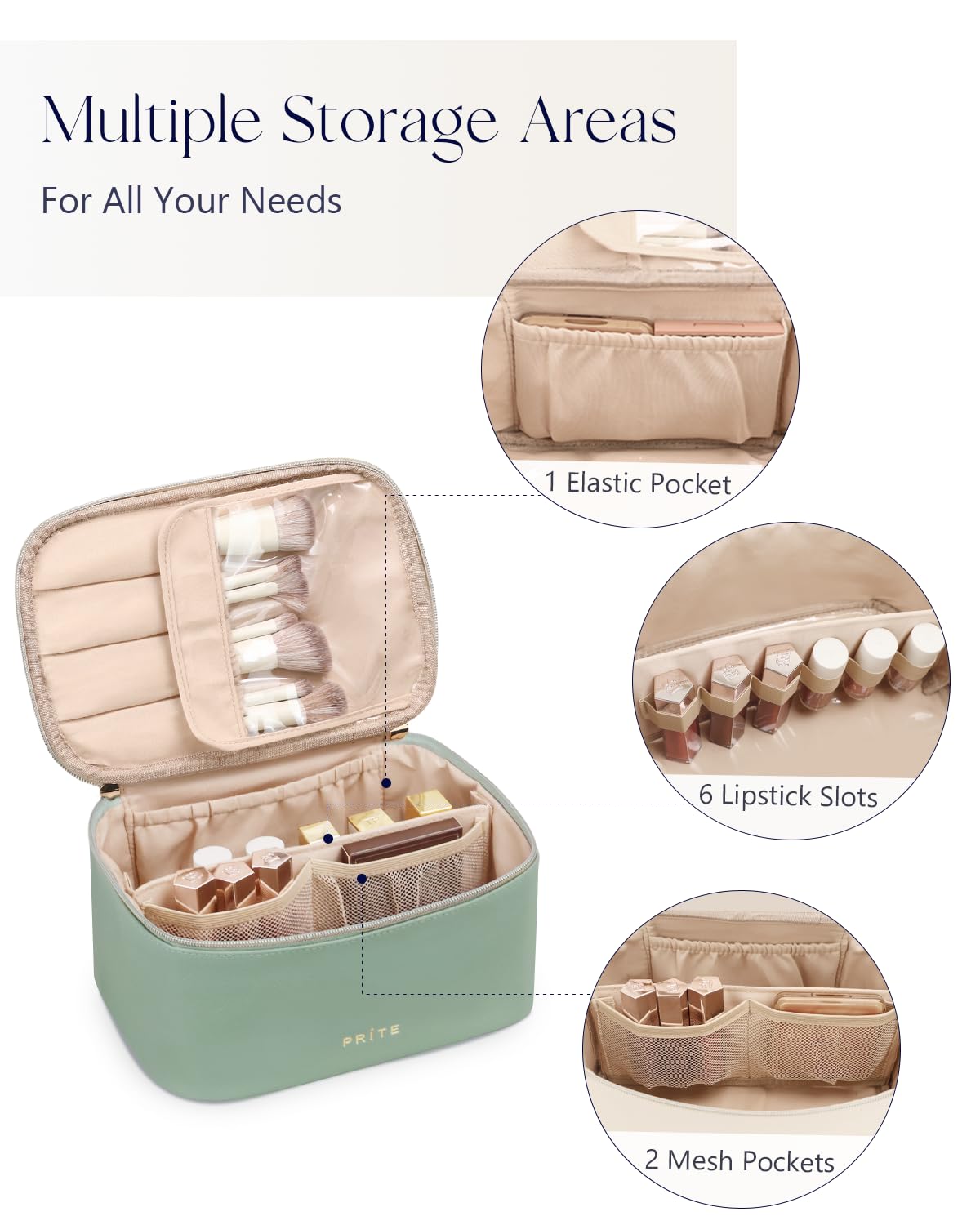Prite bag with Velcro divider offers flexible storage for cosmetics.