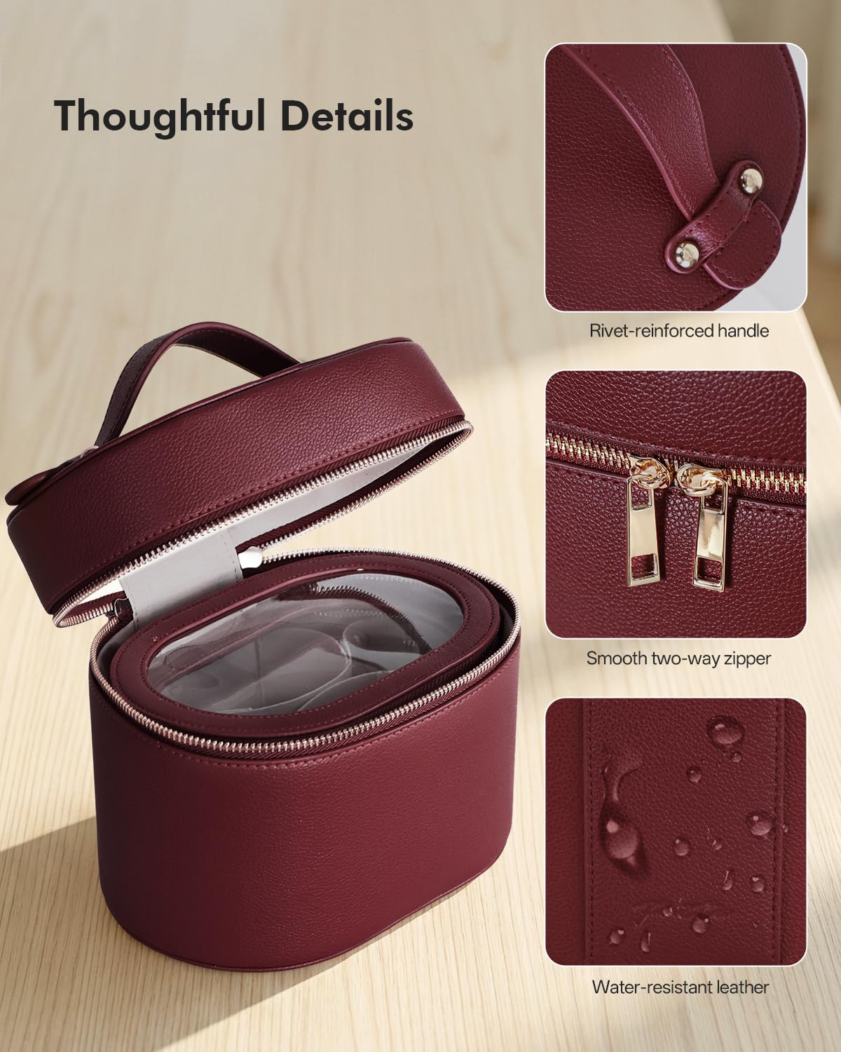 Prite vegan PU leather exterior is water-resistant and easy to clean