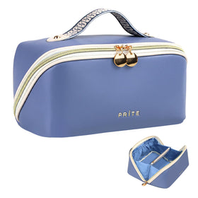 Prite makeup bag in blue with waterproof vegan leather, ideal for travel organization.