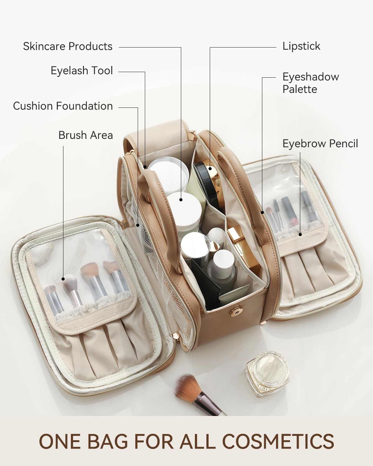 Prite makeup bag wide opening allows easy access to all essentials.