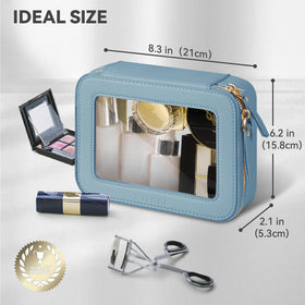 Prite makeup pouch transparent compartment highlights easy visibility and quick access.