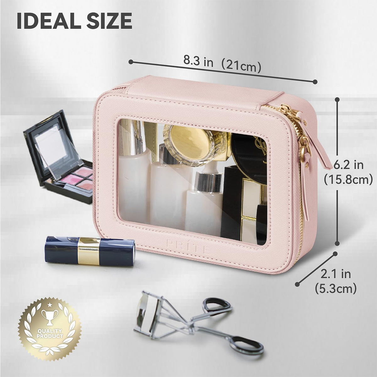 Prite makeup travel organizer with boxy design keeps cosmetics neatly organized on the go.
