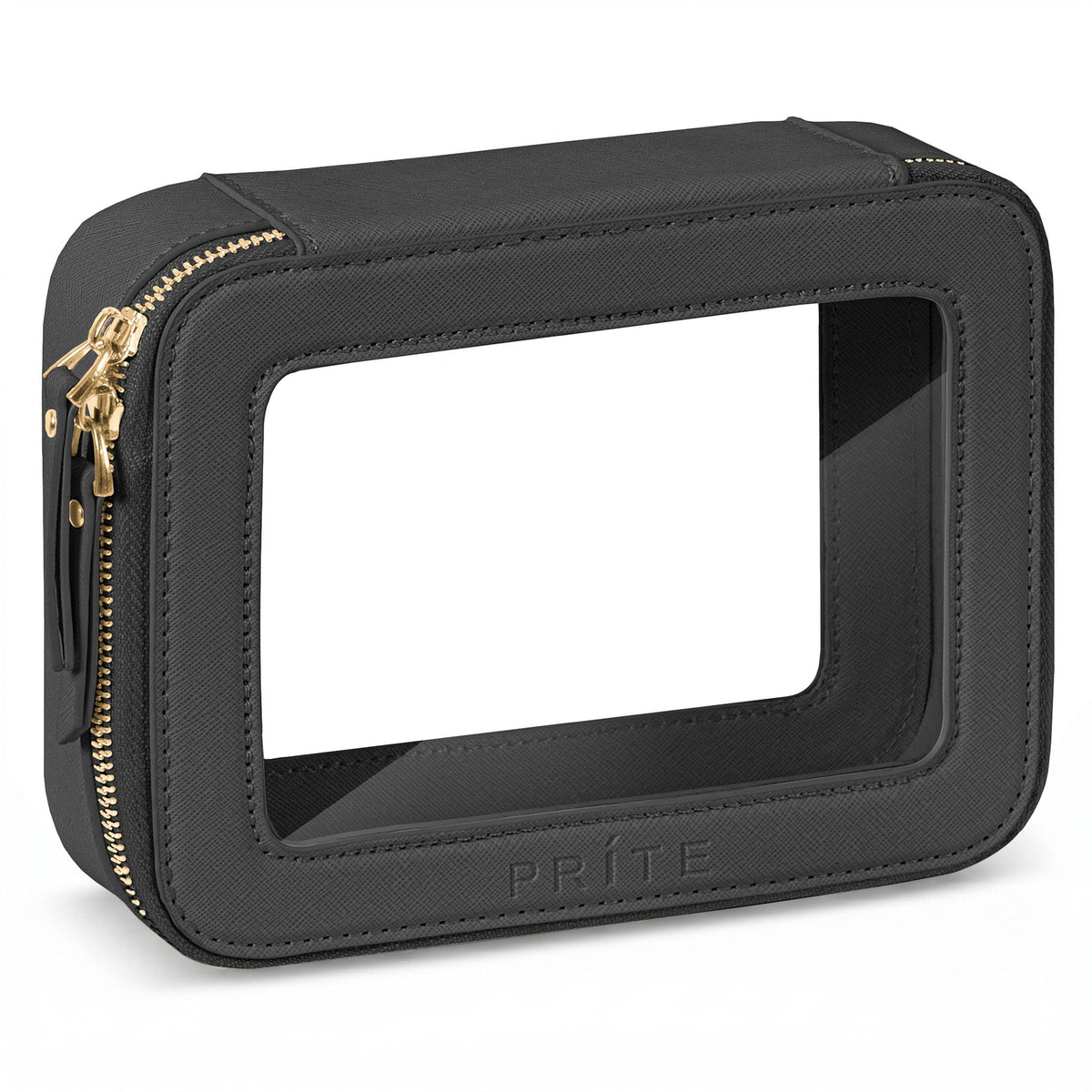 Prite mini clear makeup bag in black with gold zipper, sleek purse essential.