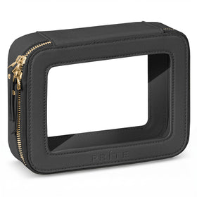 Prite mini clear makeup bag in black with gold zipper, sleek purse essential.