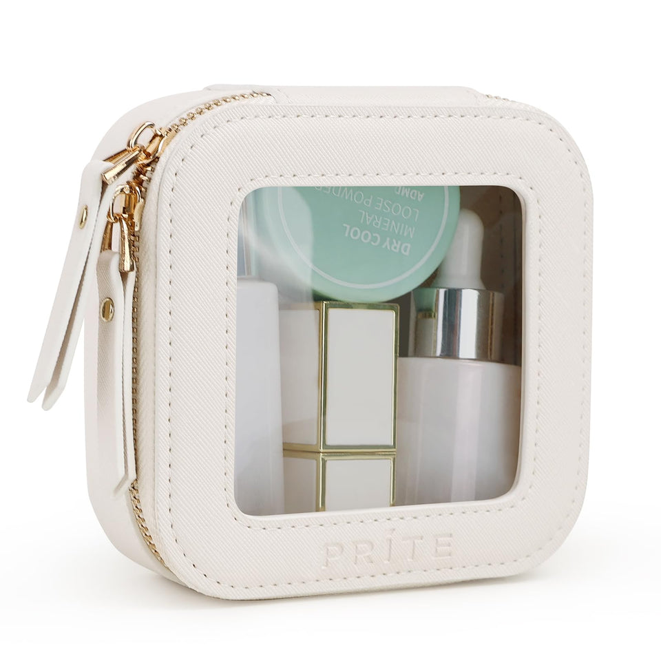 Prite small makeup bag beige with gold zipper for travel organization