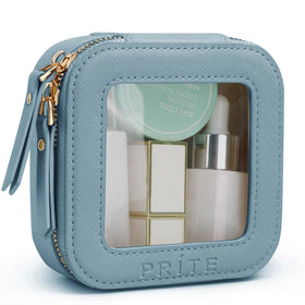 Prite small makeup bag in blue with gold zipper for elegant travel organization