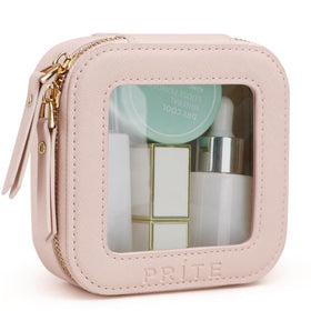 Prite small makeup bag in pearlescent pink with gold zipper for portable organization