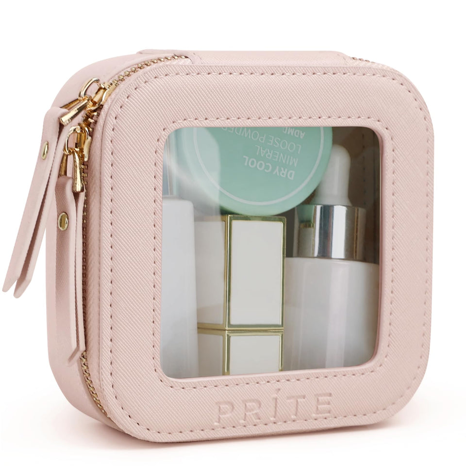 Prite small makeup bag in pearlescent pink with gold zipper for portable organization