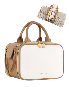 Prite travel makeup bag beige-brown large with organized compartments for daily essentials.