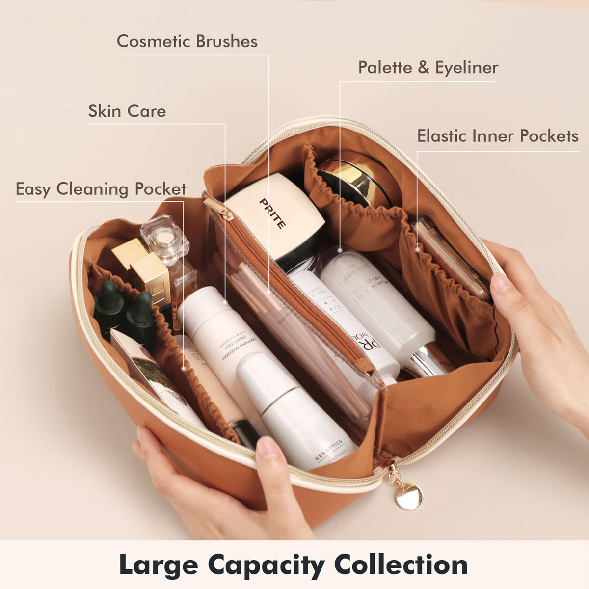 PRITE vegan leather waterproof surface shows easy wipe-clean maintenance after trips
