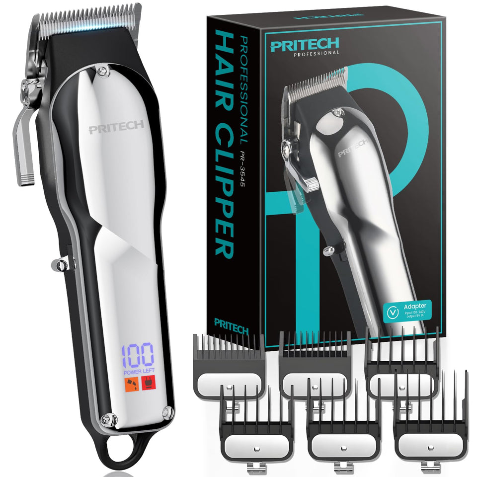 PRITECH barber clippers with lower-noise blade for precise trimming.