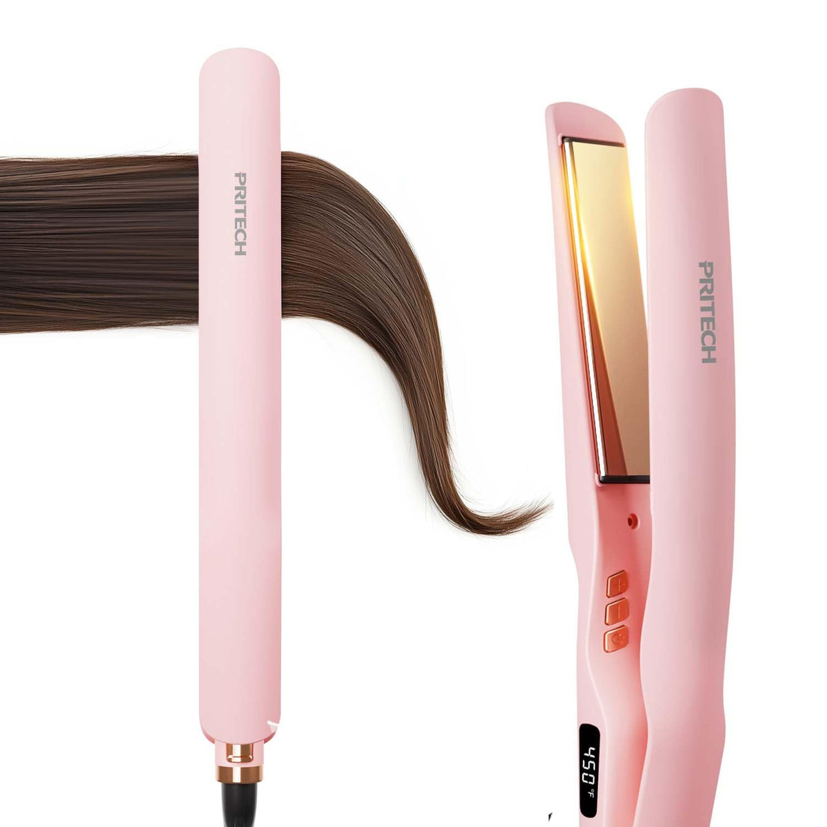 PRITECH flat iron with 1-inch titanium plates for even heat and smooth results.