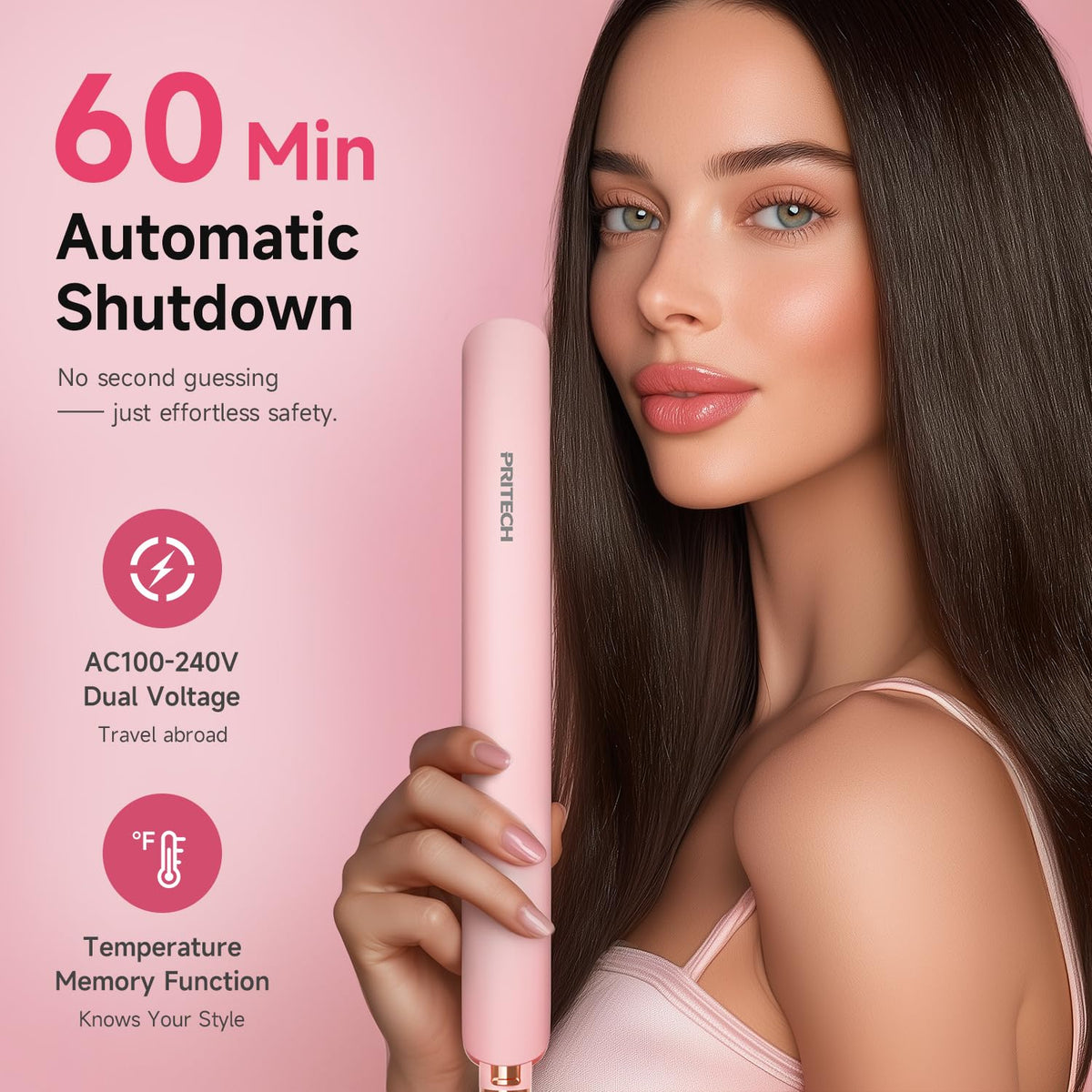 PRITECH flat iron dual voltage shown with globe icon for worldwide travel.