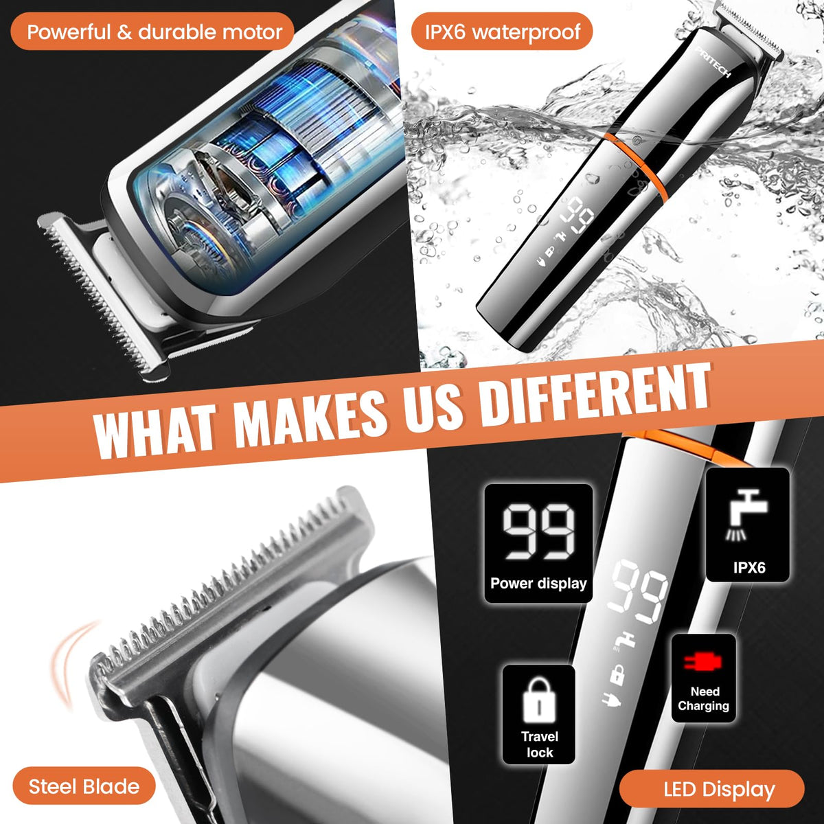 PRITECH foil razor head for clean finish and smooth skin.