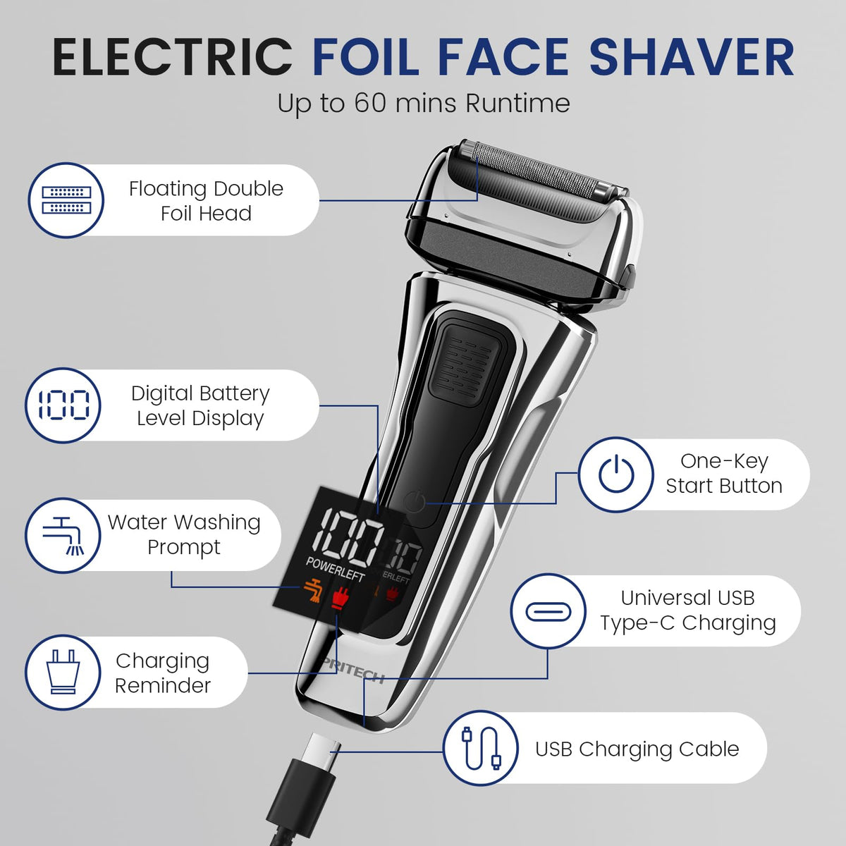 PRITECH shaver IPX6 waterproof for safe cleaning under running water