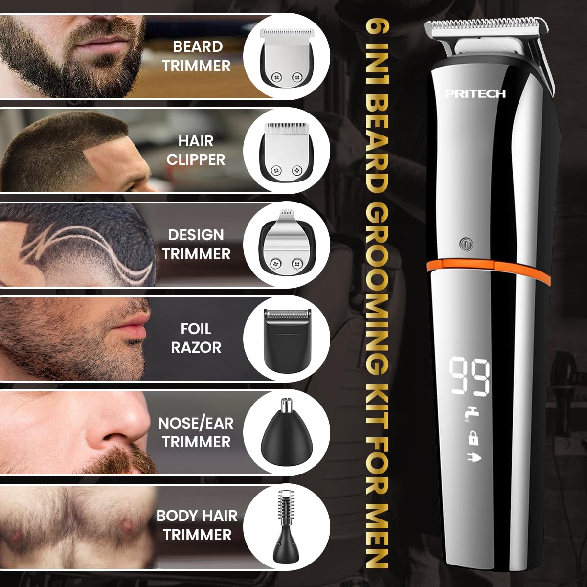 PRITECH LED display showcases battery life for precise grooming sessions.