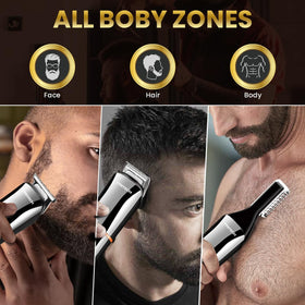 PRITECH waterproof beard trimmer in action, easy cleaning after wet or dry use.