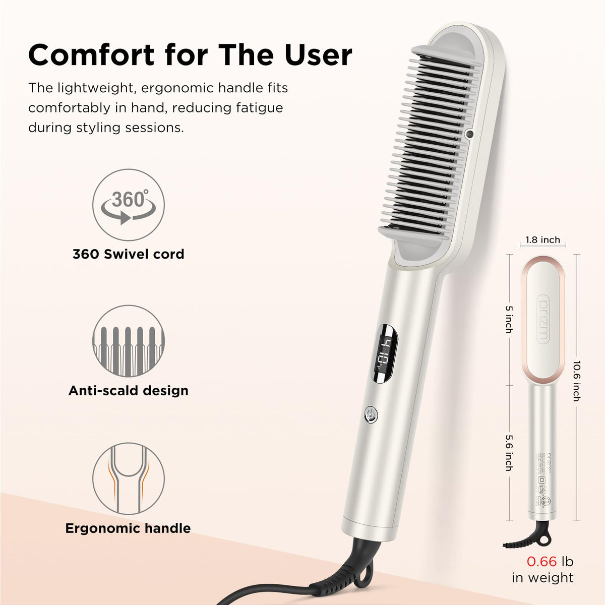 Prizm Hair Straightener Brush in-use shot demonstrating root-to-tip straightening with ease.