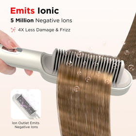 Prizm Hair Straightener Brush negative ion technology close-up for frizz control and shine.