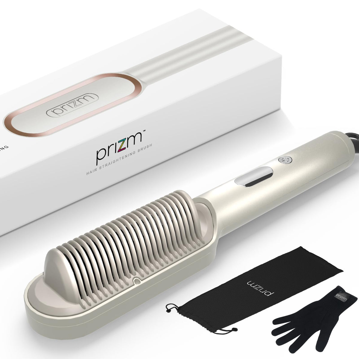 Prizm Hair Straightener Brush packaging image, gift-ready presentation.