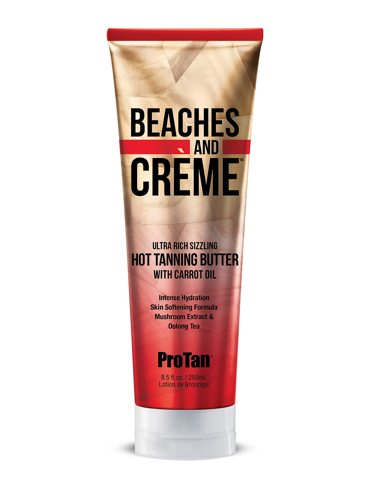 Pro Tan Beaches & Creme Sizzling Hot Butter front label, designed for experienced tanners seeking a warming tan.