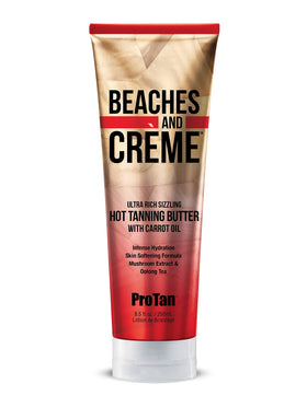 Pro Tan Beaches & Creme Sizzling Hot Butter front label, designed for experienced tanners seeking a warming tan.