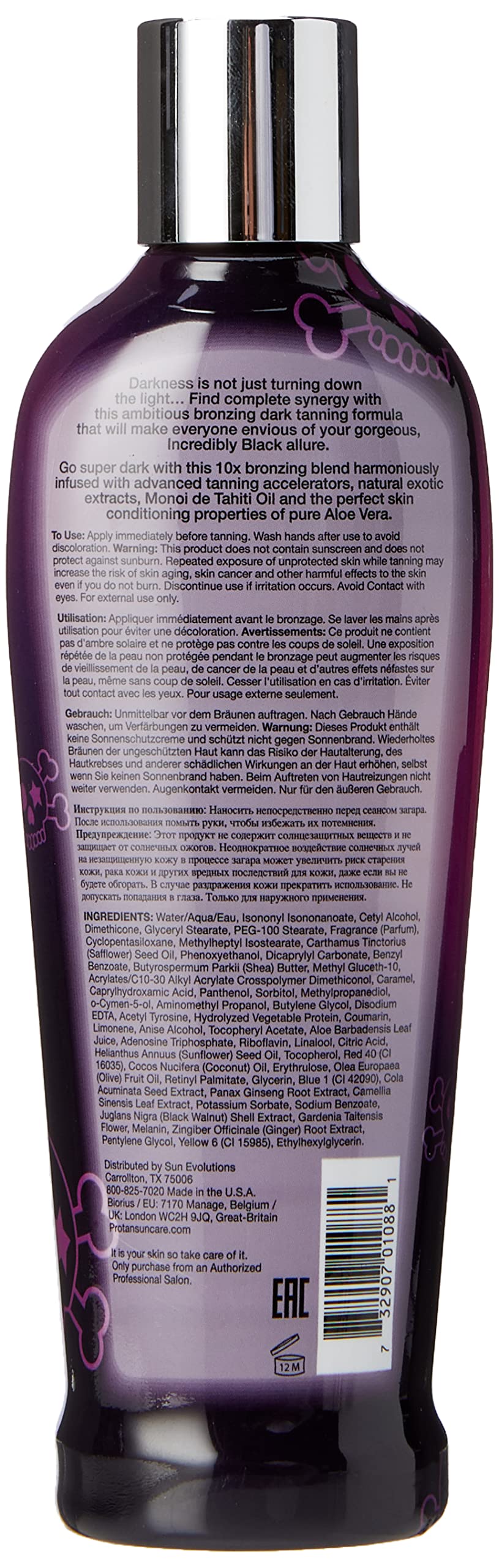 Pro Tan Incredibly Black bottle back with usage notes for smooth application