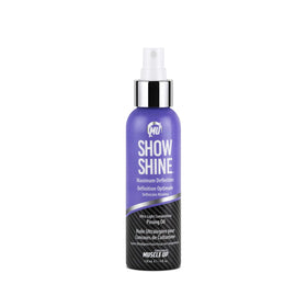 Pro Tan Show Shine ultra-light posing oil bottle under stage lights highlighting muscle definition